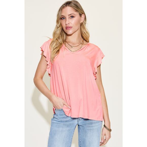 Basic Bae Blush Pink Bamboo Ruffle Notched V-Neck Short Sleeve Top Misses Size - Picture 1 of 4